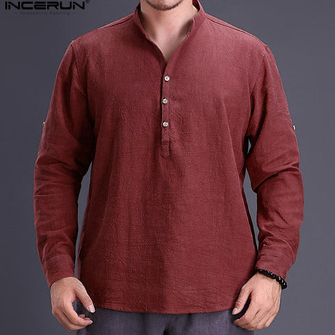 Long Sleeve Pullovers Cotton Shirts Stand Collar  Shirt Dress Autumn  Men Clothes