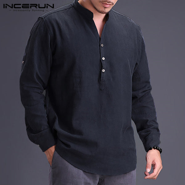 Long Sleeve Pullovers Cotton Shirts Stand Collar  Shirt Dress Autumn  Men Clothes