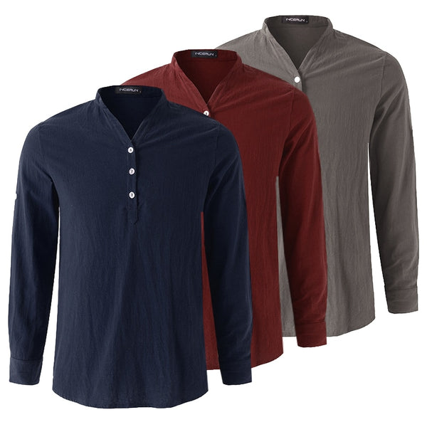 Long Sleeve Pullovers Cotton Shirts Stand Collar  Shirt Dress Autumn  Men Clothes