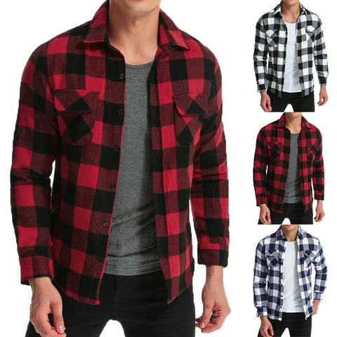 Hiphop Mens Shirts Lattice Long Sleeve Dress Shirt Turn Down Collar