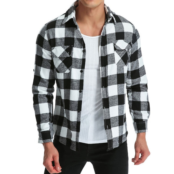 Hiphop Mens Shirts Lattice Long Sleeve Dress Shirt Turn Down Collar