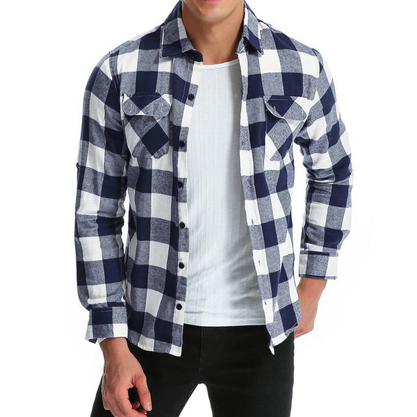 Hiphop Mens Shirts Lattice Long Sleeve Dress Shirt Turn Down Collar