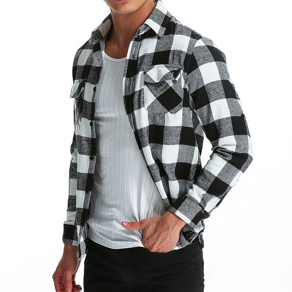 Hiphop Mens Shirts Lattice Long Sleeve Dress Shirt Turn Down Collar