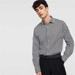 Black And White Minimalist Button Front Striped Long Sleeve Shirt