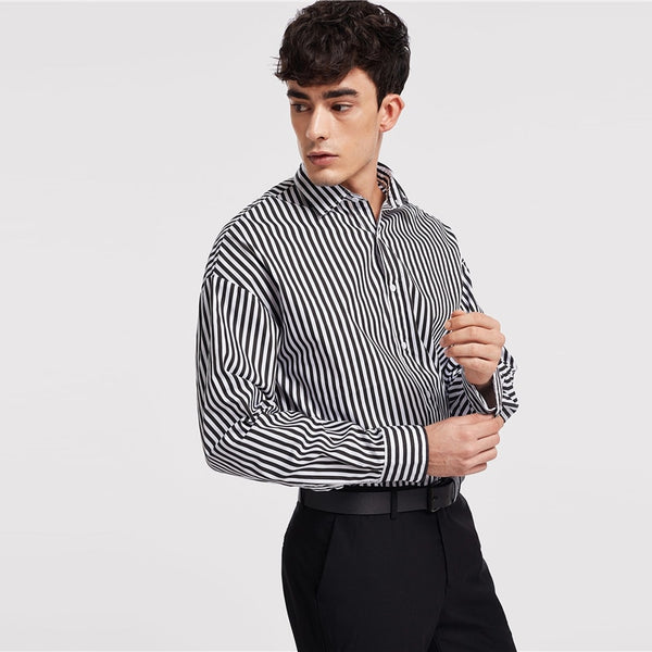 Black And White Minimalist Button Front Striped Long Sleeve Shirt