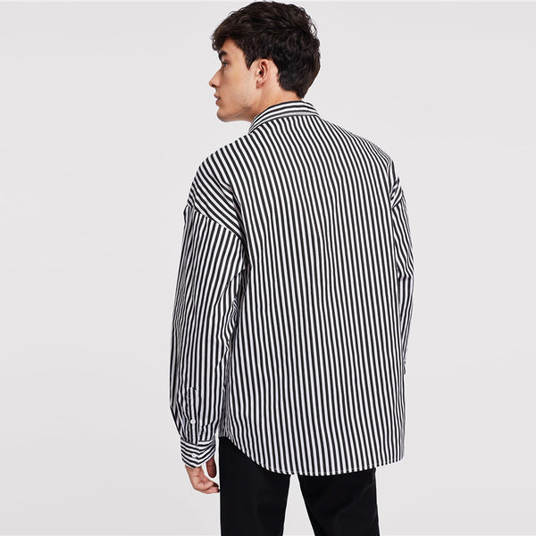 Black And White Minimalist Button Front Striped Long Sleeve Shirt