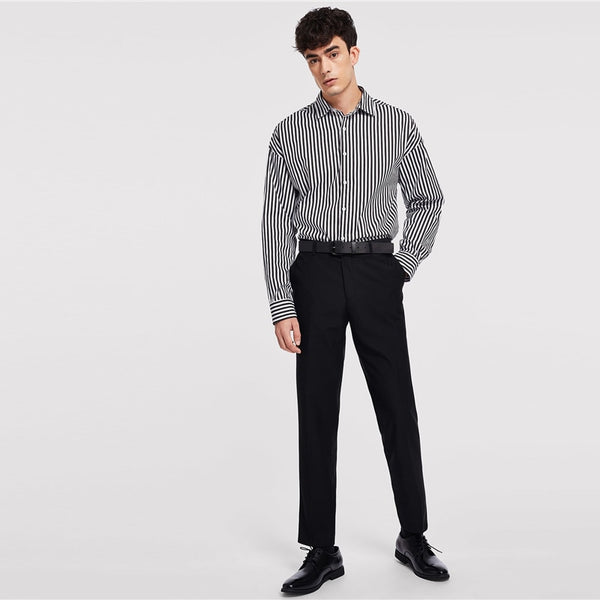 Black And White Minimalist Button Front Striped Long Sleeve Shirt