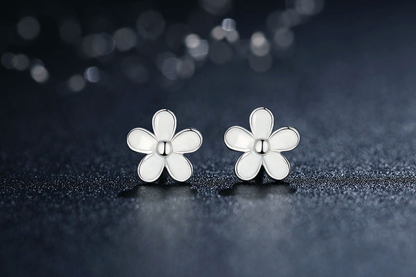 925 Sterling Silver Darling Daisy Stud Earring White Enamel With Clear CZ